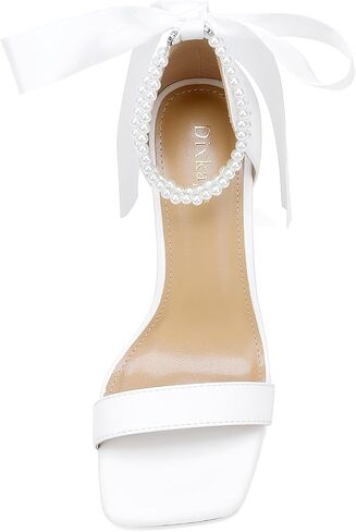 Lace Up Bow Heels for Bride Pearl Embellished Block Wedding Shoes for Bride White Heels with Bows On Back in Kuwait