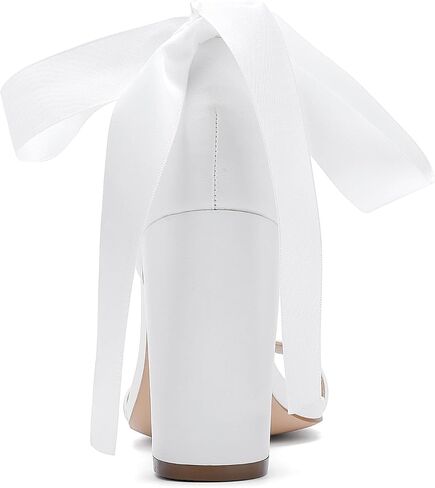 Lace Up Bow Heels for Bride Pearl Embellished Block Wedding Shoes for Bride White Heels with Bows On Back in Kuwait
