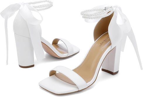 Lace Up Bow Heels for Bride Pearl Embellished Block Wedding Shoes for Bride White Heels with Bows On Back in Kuwait