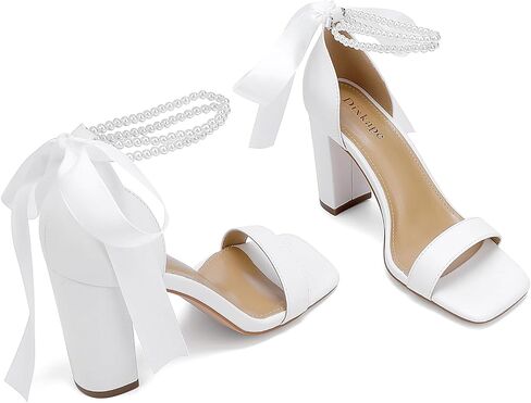 Lace Up Bow Heels for Bride Pearl Embellished Block Wedding Shoes for Bride White Heels with Bows On Back in Kuwait