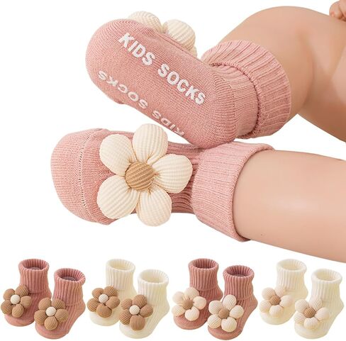 4Pairs Toddler Non Slip Socks with Grips Flower Anti Skid Crew Infants Baby Boy Girl Socks in Saudi Arabia