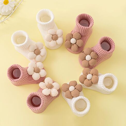 4Pairs Toddler Non Slip Socks with Grips Flower Anti Skid Crew Infants Baby Boy Girl Socks in Saudi Arabia