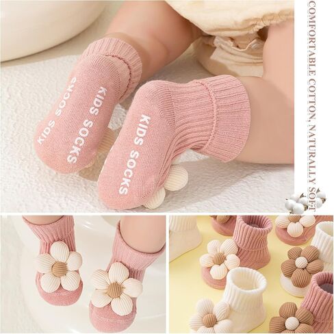4Pairs Toddler Non Slip Socks with Grips Flower Anti Skid Crew Infants Baby Boy Girl Socks in Saudi Arabia