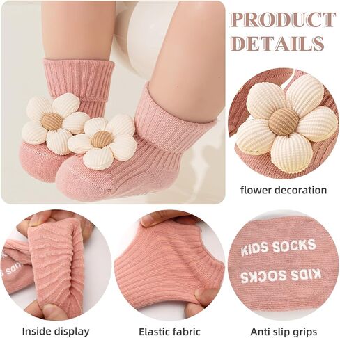 4Pairs Toddler Non Slip Socks with Grips Flower Anti Skid Crew Infants Baby Boy Girl Socks in Saudi Arabia