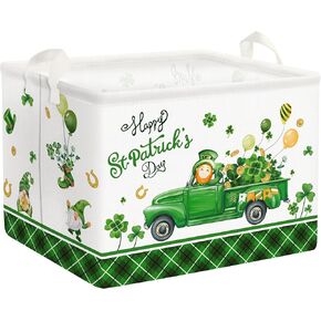 Clastyle St. Patrick's Day Four-leaf Clover Gift Basket Green Balloon Gnome Truck Kid Shelf Basket Rectangle Buffalo Plaid Clothes Book Toy Toy Storage Cube, 36L
