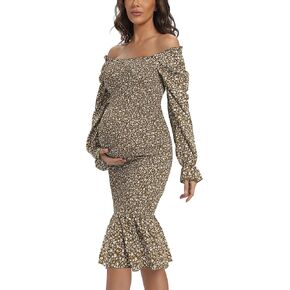 أمومة ربيع الأزهار الأزهار midi bodycon فساتين ، نفخة قصيرة الأكمام مربعة رقبة الكشكش حافة حورية البحر دش الطفل لبني م