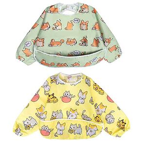 Little Dimsum Full Sleeved Feeding Bib 2 Pack,Baby & Toddler Waterproof Bib Apron,Food Protection Large Pocket Eating Smock 6-36 Months (Little Puppy/Little Cat)