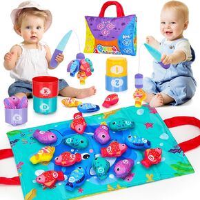 PEBIRA Montessori Toddler Toys for 1 2 Year Old Boy Girl, 23 pcs Cloth Fishing Game, 2 Poles, Stacking Cups, Learning Toys for Number & Color Sorting, Birthday Gift for Age 6-12 18 Month Kid Baby Toys