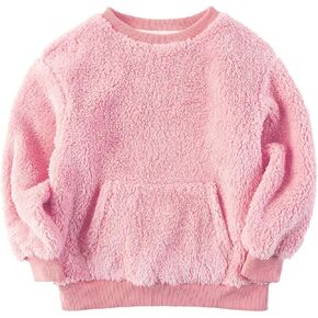Baby Kids Boys Girls Fuzzy Sherpa Pullover Sweatshirts Crew Neck Sport Front Pocket Fall Winter Warm Tops Pink