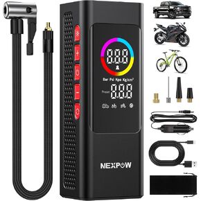 NEXPOW NP27 Air Compressor, 160 PSI, Digital Display, Auto Shut-Off, Dual Power, LED Light, Nozzles for Car, Bike, Ball