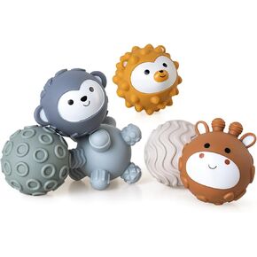 3-in-1 Baby Early Learning Play Bundle,Soft Stacking Building Blocks Ring Ball Set&Textured Multi Soft Sensory Ball forToddlers 06-18Months,Newborn Essentials Squeeze Teething Toy(Family Edition)