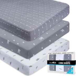 Fitted Unisex Crib Sheets (3 Pack) by GROW WILD - Jersey Knit Cotton Crib Sheets for Boys or Girls, 52" x 28" x 9" Crib Bedding Set (Woodland Gray and White)