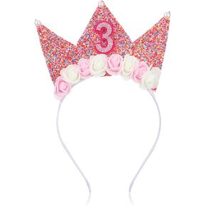 3rd Birthday Crown Headband Glitter Flower Birthday Decoration Princess Birthday Girl Tiara Elastic Bling Party Accessories 3 Year Old Hair Band Photo Prop Carnival