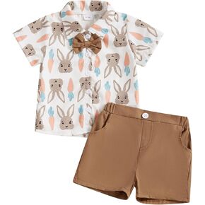 Baby Boy Easter Outfit Bunny Short Sleeve Gentleman Button Down Shirts Solid Shorts Toddler Boys Party Bow Tie Suit