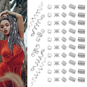 106 Pcs Serpentine shaped silver hair braids dreadlock hair beads Non-Piercing Ear Clip hair jewelry for braids accessories for Women Men Hair Accessories US249 (silvery)