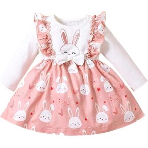Pink Bunny Dress for Baby Girl - Newborn Ruffle Skirt Bow Long Sleeve Outfits Spring Birthday Easter Rabbit Clothes