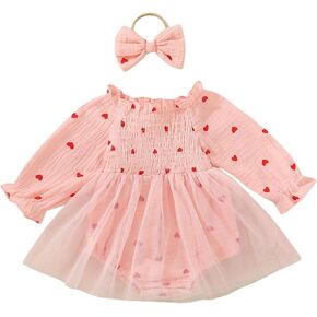 Baby Girl Valentines Day Dress Heart Long Sleeve Tulle Romper Dress Long Sleeve Bodysuit Headband Winter Clothes
