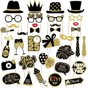 2025 New Year Photo Booth Props Kit, 29 Pcs Black Gold Celebrate 2025 New Year Photo Props Glasses Star Wine Glass Fireworks Cake Gift Box for Photoshoot New Year Fun Props New Year Party Decorations