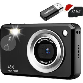Digital Camera, FHD Camera with 32GB Card, Lanyard, 16X Zoom Anti Shake, 48MP Compact Portable Small Point Shoot Camera Gift for Student Children Teen