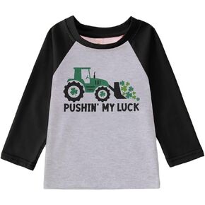 St. Patricks Day Shirt Toddler Boys Girls Funny Tractor Irish Green Lucky Clover Graphic Raglan Long Sleeve Tops