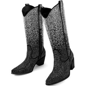 Rhinestone Cowboy Boots for Women Wide Calf Sparkly Cowgirl Boots Mid Calf Pointed Toe Block Heel Sparkle Boots with Half Zip Size 7-10