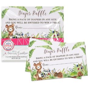 Watercolor Woodland Forest Animals Diaper Raffle Tickets for Baby Showers, 20 2" X 3" Double Sided Insert Cards for Games by AmandaCreation, Bring a Pack of Diapers to Win Favors & Prizes!