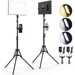 Led Video Light Panel Lighting Kit, QEUOOIY 2-Pack Bi-Color Photography Lighting with 63'' Tripods Stand, Built-in 8000mAh Battery, 2500-8500K Studio Light for Live Streaming/Outdoor Indoor/Tiktok