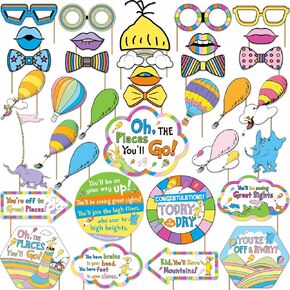 36Pcs Oh The Places You'll Go Decorations Photo Booth Props, Oh The Places You'll Go Graduation Photo Props for Kids, Kindergarten Preschool Graduation Decorations for Baby Shower Party