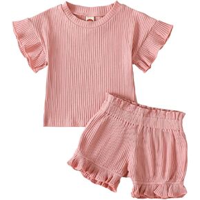 YOKJZJD 2Pcs Toddler Baby Girl Summer Outfits Solid Ribbed Knit Ruffle Short Sleeve T-Shirt Tops Bloomer Shorts Set