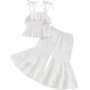 Toddler Baby Girl Smocked Outfit Ruffle Halter Shirt Flared Pants Set Toddler Bell Bottom Outfit Summer Clothes
