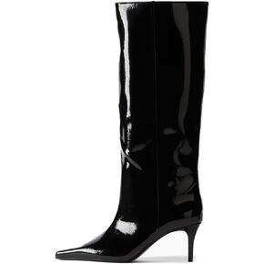 Goolita Burgundy Knee High Boots For Women, Pointed Toe Kitten Heel Wide Calf Boots Cherry Red Slip On Dress Tall Boots