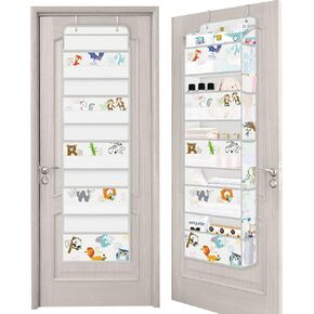 Clastyle Grey Animal Alphabet Over the Door Organizer with 5 Large Pockets Monkey Nursery Hanging Storage Organizer for Kids Clothes Diaper Toy Closet Door Hanging Shelf Storage for Bedroom Bathroom