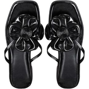 OYOANGLE Women's Leather 3D Flower Flat Sandals Square Open Toe Thong Sandals Elegant Flip Flops