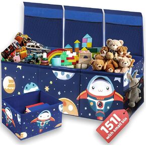 Extra Large Toy Box with Bonus Mini Box, Easy Assemble Sturdy Toy Chest with Mesh Pockets on Lids and Sides, Multi-Purpose 40"x14"x16" Collapsible Kids Toy Box -Boys & Girls(Space Blue)
