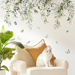 Green Plant Leaves Wall Decals Peel and Stick,Removable Vine Home Decor Art for Living Room Bedroom Office Classroom,11.8 x35.4 inches Floral Flowers Wall Stickers