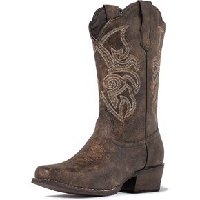 J's.o.l.e Women's Cowboy Boots Square Toe Western Boots Mid Wide Calf Distressed Embroidered Cowgirl Boots