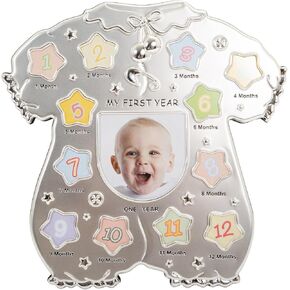 Happy Homewares Beautiful Baby Sleep Suit Shaped My First Year Satin and Shiny Silver Plated Multi Picture Frame| Lovely for New Baby or Baby Shower Idea