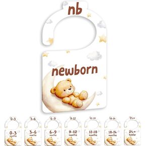 Bear Baby Closet Dividers for Nursery Closet Organizer, Newborn to 24 Months Size Clothes, Bear Moon Hangers with Size Dividers, Double Sided