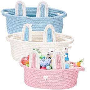 3 Pcs Easter Basket for Easter Eggs Hunt Baby's First Easter Basket, Colorful Lovely Bunny Basket Woven Gifts Oval Basket for Baby Kids Room Organizer