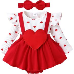 Valentines Day Baby Girl Outfit Newborn Clothes Red Heart Long Sleeve Ruffled Romper Skirt + Bow Headband 0-18 Months