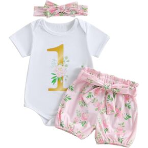 Baby Girl First Birthday Outfit Short Sleeve Flower Print Romper Floral Shorts Cute Summer Birthday Clothes 3Pcs