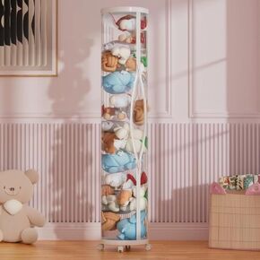 Stuffed Animal Storage Tube with Wheels,Stuff Animal Organizer,Stuffed Animal Zoo Storage, PET Transparent Bucket with Zipper for Kids Toy Organizer,61" X 10"Large Toy Storage Box (White)