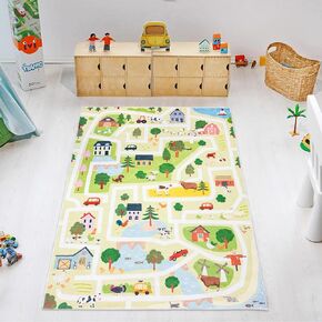 Kids Rug 3x5 Animals Farm Play Mat Road Car Rug for Playroom Classroom Educational Children Rug Nonslip Farm Play Area Rug for Bedroom Nursery, Green