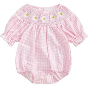 Infant Baby Girl Plaid Bubble Romper Clothes Daisy Embroidery Short Sleeve Smocked Bodysuit Summer Outfit
