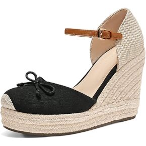 Coutgo Womens Platform Espadrilles Wedge Sandals Closed Cap Toe Bow Tie Ankle Buckle Strap Summer Dress Shoes