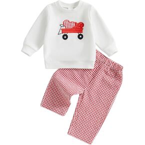 Toddler Boy Girl Valentine's Day Clothes Heart Printed Sweatshirt Plaid Cotton Line Pants Spring Winter Set