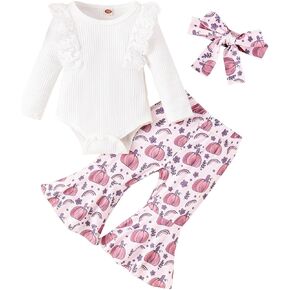 Baby Girls 3 Pieces Outfits Fall Lace Ruffles Long Sleeves Romper Daddy Little Valentine Print Flared Pants Clothes