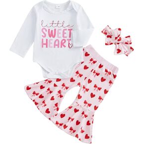 Baby Girls 3 Pieces Outfits Fall Lace Ruffles Long Sleeves Romper Daddy Little Valentine Print Flared Pants Clothes