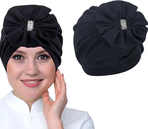 Bohend Flower Turbans Cap Rhinestone Pearl Knot Headwarp Beanie Pre Tied Head Cover Bonnet Women Muslim Pleated Headscarf Hat in Kuwait