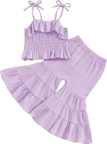 Toddler Baby Girl Smocked Outfit Ruffle Halter Shirt Flared Pants Set Toddler Bell Bottom Outfit Summer Clothes in Kuwait